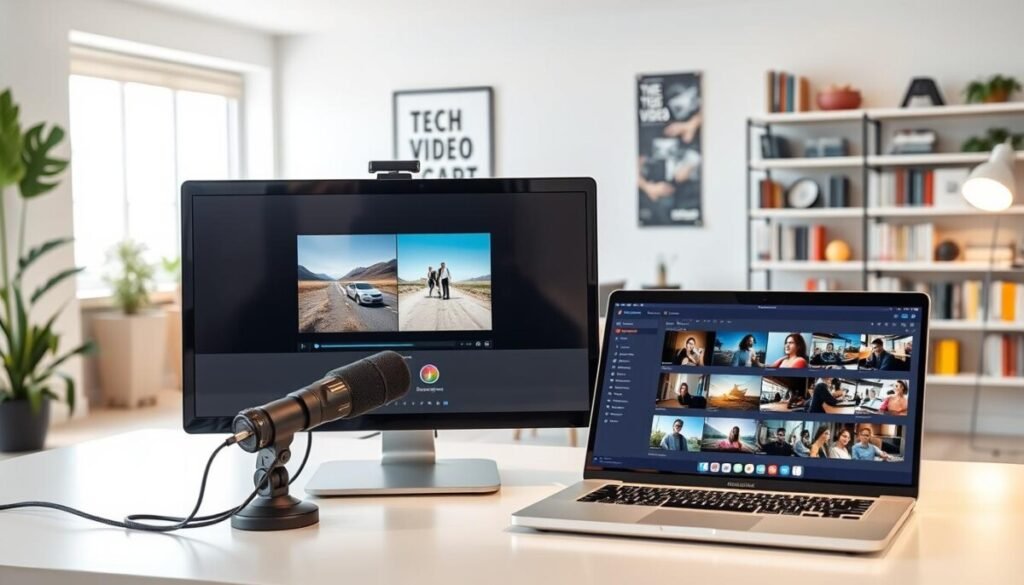 A modern workspace showcasing a comparison between desktop software and online platforms for video upscaling. In the foreground, an elegant desktop computer screen displays a video comparison interface, highlighting the differences in quality between low-resolution and upscaled footage. On the desk, a high-quality webcam and microphone suggest video recording capabilities. In the middle ground, an open laptop shows an online video upscaling tool, with a user-friendly design and vibrant thumbnails of videos. The background features a well-lit room with motivational tech posters and a bookshelf filled with video editing guides, conveying an innovative and professional atmosphere. Soft, bright lighting enhances clarity, while a slightly blurred depth of field draws focus to the main comparison elements. The overall mood reflects excitement and professionalism in tech advancement. A modern workspace showcasing a comparison between desktop software and online platforms for video upscaling. In the foreground, an elegant desktop computer screen displays a video comparison interface, highlighting the differences in quality between low-resolution and upscaled footage. On the desk, a high-quality webcam and microphone suggest video recording capabilities. In the middle ground, an open laptop shows an online video upscaling tool, with a user-friendly design and vibrant thumbnails of videos. The background features a well-lit room with motivational tech posters and a bookshelf filled with video editing guides, conveying an innovative and professional atmosphere. Soft, bright lighting enhances clarity, while a slightly blurred depth of field draws focus to the main comparison elements. The overall mood reflects excitement and professionalism in tech advancement.