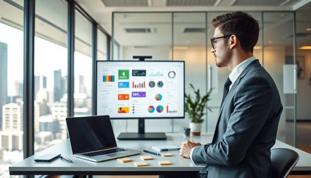 A modern workspace showcasing a custom interface designer for data applications. In the foreground, a professional in business attire is focused on a large screen displaying a vibrant, interactive app interface, featuring colorful charts and widgets. The middle layer presents a sleek desk with a laptop, design tools, and sticky notes scattered, symbolizing the creative process. In the background, a glass wall with a cityscape view adds a sense of depth and inspiration to the room. Soft, natural lighting filters in through the window, creating a warm and productive atmosphere. Capture the essence of no-code app development, with a blend of innovation and professionalism. Use a wide-angle lens to emphasize the workspace and maintain a sharp focus on the designer’s expression of creativity. A modern workspace showcasing a custom interface designer for data applications. In the foreground, a professional in business attire is focused on a large screen displaying a vibrant, interactive app interface, featuring colorful charts and widgets. The middle layer presents a sleek desk with a laptop, design tools, and sticky notes scattered, symbolizing the creative process. In the background, a glass wall with a cityscape view adds a sense of depth and inspiration to the room. Soft, natural lighting filters in through the window, creating a warm and productive atmosphere. Capture the essence of no-code app development, with a blend of innovation and professionalism. Use a wide-angle lens to emphasize the workspace and maintain a sharp focus on the designer’s expression of creativity.