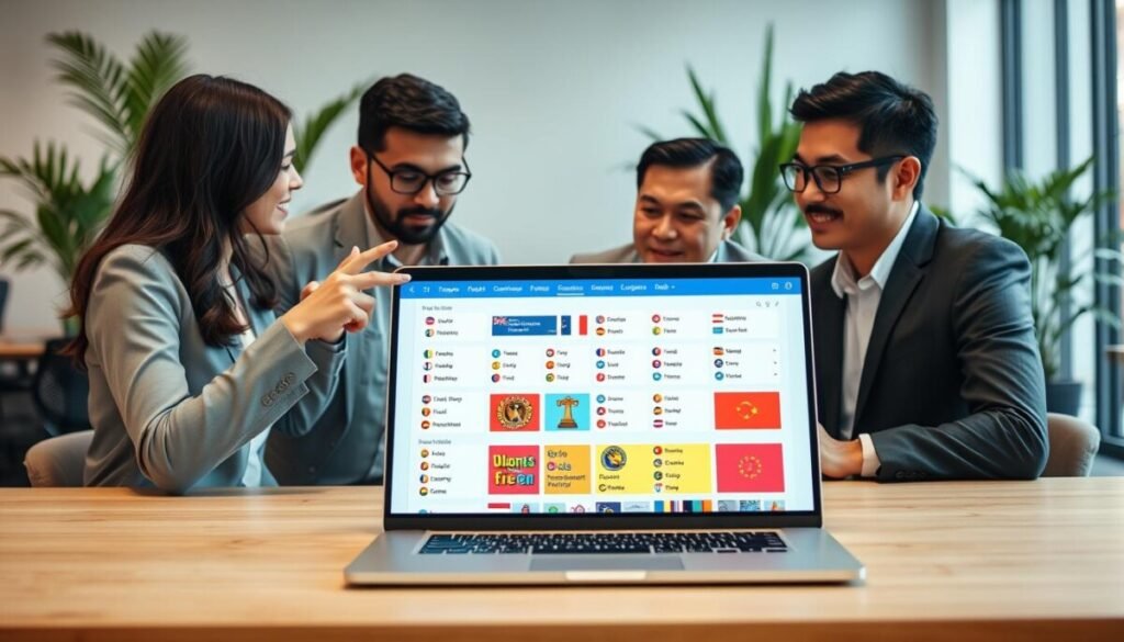 A modern workspace showcasing a multilingual website interface on a sleek laptop. In the foreground, a diverse group of three professionals, a Caucasian woman, a Black man, and an Asian man, dressed in smart casual clothing, are engaged in a discussion while pointing at the screen, highlighting the website's language options. The middle ground features the laptop displaying a vibrant, user-friendly web design in multiple languages, with flags representing various countries. In the background, a stylish office with plants and soft natural lighting creates a welcoming atmosphere. The scene is captured from a slightly elevated angle, providing an engaging perspective on the interaction, exuding a collaborative and innovative mood, ideal for showcasing multilingual support in web design. A modern workspace showcasing a multilingual website interface on a sleek laptop. In the foreground, a diverse group of three professionals, a Caucasian woman, a Black man, and an Asian man, dressed in smart casual clothing, are engaged in a discussion while pointing at the screen, highlighting the website's language options. The middle ground features the laptop displaying a vibrant, user-friendly web design in multiple languages, with flags representing various countries. In the background, a stylish office with plants and soft natural lighting creates a welcoming atmosphere. The scene is captured from a slightly elevated angle, providing an engaging perspective on the interaction, exuding a collaborative and innovative mood, ideal for showcasing multilingual support in web design.