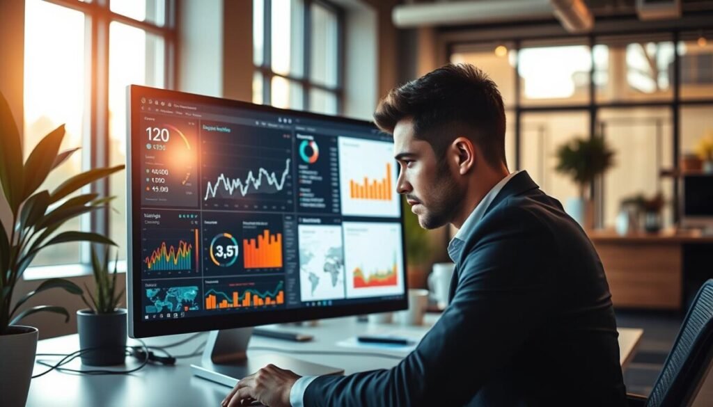 A modern workspace showcasing a sleek computer screen displaying intricate graphs and metrics related to Bluesky analytics tools. In the foreground, a professional individual in business attire is intently analyzing engagement data, with a look of concentration. The middle layer features data visualizations, with colorful charts and analytics dashboard elements that reflect user engagement statistics. In the background, a stylish office environment is illuminated by soft, natural light streaming through large windows, casting a warm and inviting glow. The atmosphere feels focused and productive, encouraging a sense of innovation and analytical thinking. The camera angle captures the details from a slightly elevated perspective, emphasizing the interaction between the individual and the analytics tools.