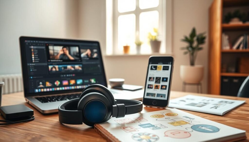 A modern workspace showcasing a split-screen setup on a wooden desk. On the left, a sleek laptop displaying Premiere Pro's interface, with intuitive editing tools visible. On the right, a smartphone showing CapCut’s user-friendly mobile app. In the foreground, a pair of professional headphones and a notepad with colorful sketches of video workflows. The middle ground features a bright window allowing natural light to spill in, creating a productive atmosphere. In the background, a minimalistic bookshelf with tech books and plants. The scene is warm and inviting, evoking a sense of creativity and efficiency, captured with a slight angle to emphasize the dual-platform compatibility. Soft, diffused lighting enhances the mood, making the workspace feel dynamic and inspiring.