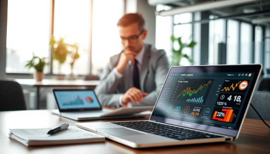 A modern workspace showcasing advanced Reddit analytics tools. In the foreground, a sleek laptop screen displays an interactive dashboard filled with colorful graphs and charts, representing audience metrics and trend analysis. Beside it, a notepad with handwritten notes and a digital tablet showcasing visualized data insights. In the middle ground, a professional marketer in business attire, intently examining the data, appears focused and engaged. The background features a stylish office space with large windows brightened by natural sunlight, giving an optimistic and productive atmosphere. Soft, diffused lighting enhances the clarity of the screens, while a slight depth of field blurs the background, drawing attention to the tools and the individual’s analytical process. A modern workspace showcasing advanced Reddit analytics tools. In the foreground, a sleek laptop screen displays an interactive dashboard filled with colorful graphs and charts, representing audience metrics and trend analysis. Beside it, a notepad with handwritten notes and a digital tablet showcasing visualized data insights. In the middle ground, a professional marketer in business attire, intently examining the data, appears focused and engaged. The background features a stylish office space with large windows brightened by natural sunlight, giving an optimistic and productive atmosphere. Soft, diffused lighting enhances the clarity of the screens, while a slight depth of field blurs the background, drawing attention to the tools and the individual’s analytical process.