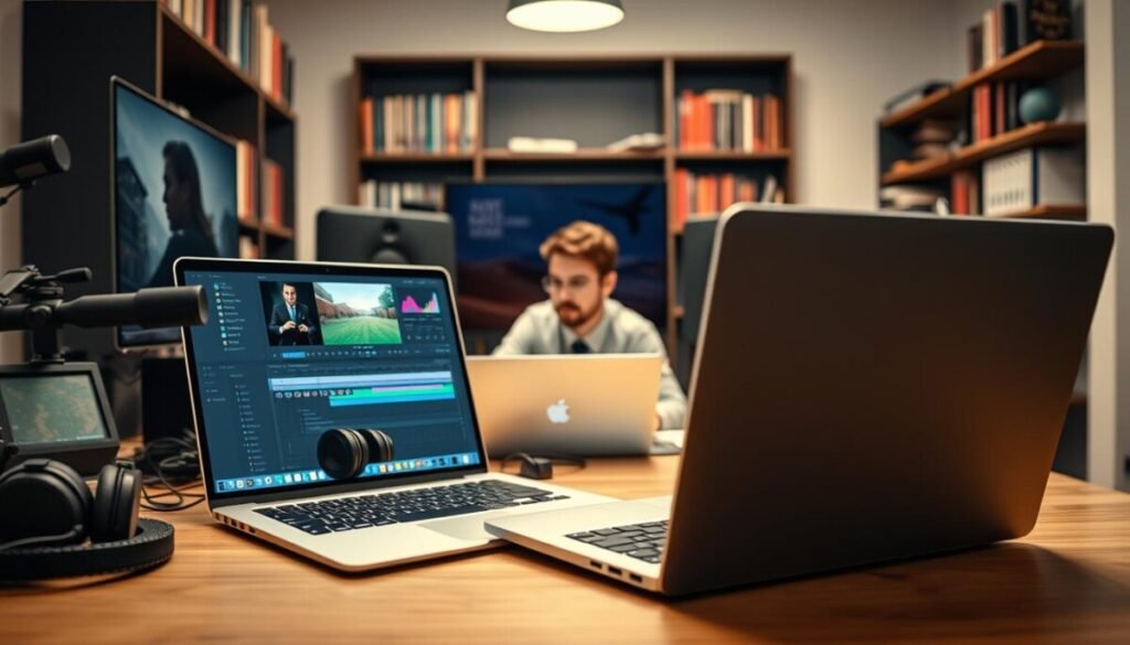 A modern workspace showcasing advanced video and audio editing techniques. In the foreground, a sleek laptop with a vibrant editing software interface open, displaying a timeline of audio and video tracks. Surrounding the laptop are various high-quality audio-visual equipment like headphones, microphones, and external monitors. In the middle ground, a professional editor, dressed in smart casual attire, attentively working on the project, with their focus on the screen. Soft, diffused lighting illuminates the scene, creating a focused yet inviting atmosphere. In the background, shelves lined with books on editing techniques and sound design enhance the creative space. Utilizing a shallow depth of field, the image captures the essence of innovation in editing.