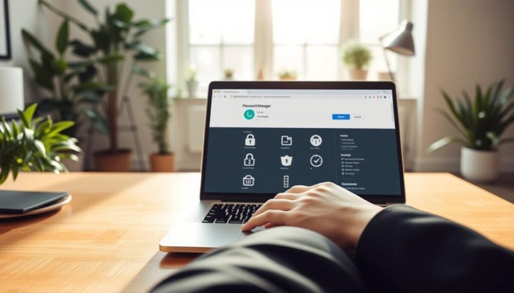 A modern workspace showcasing browser-based tools for password protection, featuring a sleek laptop on a wooden desk with an open browser displaying a password manager webpage. In the foreground, a pair of hands in professional business attire is typing on the keyboard, demonstrating user engagement. The middle ground captures an organized array of digital security icons, like padlocks and shields, subtly blending into the on-screen interface. In the background, a light-filled room with plants and minimalist decor enhances a productive atmosphere. Soft natural lighting creates a calming effect, and a slight tilt from a low angle lends dynamism and focus to the tools displayed. The overall mood is professional, conveying the importance of digital security in a contemporary work environment. A modern workspace showcasing browser-based tools for password protection, featuring a sleek laptop on a wooden desk with an open browser displaying a password manager webpage. In the foreground, a pair of hands in professional business attire is typing on the keyboard, demonstrating user engagement. The middle ground captures an organized array of digital security icons, like padlocks and shields, subtly blending into the on-screen interface. In the background, a light-filled room with plants and minimalist decor enhances a productive atmosphere. Soft natural lighting creates a calming effect, and a slight tilt from a low angle lends dynamism and focus to the tools displayed. The overall mood is professional, conveying the importance of digital security in a contemporary work environment.