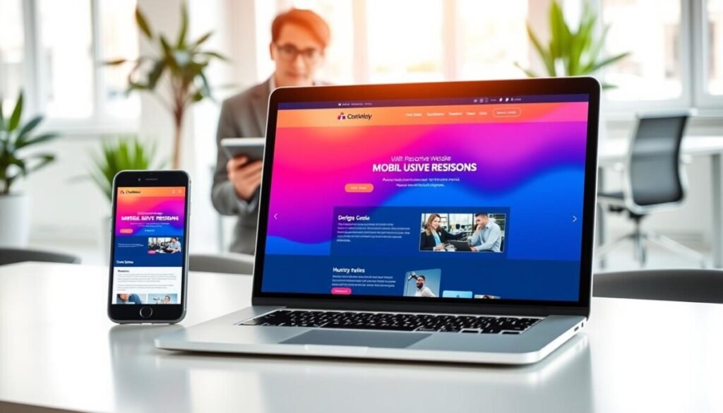 A modern workspace showcasing mobile responsive design concepts. In the foreground, a sleek laptop displays a beautifully crafted one-page website layout with vibrant colors and engaging visuals. To the left, a smartphone mirrors the laptop screen, illustrating how the design adapts seamlessly to different devices. In the middle ground, a professional business person, dressed in smart attire, interacts with the technology, analyzing the design on a tablet. The background features a bright office space filled with natural light, emphasizing a creative and productive atmosphere, with soft-focus elements like a potted plant and modern office furniture. The scene is well-lit, with soft shadows, aiming for an inviting and innovative mood that reflects the importance of mobile optimization in web design. A modern workspace showcasing mobile responsive design concepts. In the foreground, a sleek laptop displays a beautifully crafted one-page website layout with vibrant colors and engaging visuals. To the left, a smartphone mirrors the laptop screen, illustrating how the design adapts seamlessly to different devices. In the middle ground, a professional business person, dressed in smart attire, interacts with the technology, analyzing the design on a tablet. The background features a bright office space filled with natural light, emphasizing a creative and productive atmosphere, with soft-focus elements like a potted plant and modern office furniture. The scene is well-lit, with soft shadows, aiming for an inviting and innovative mood that reflects the importance of mobile optimization in web design.