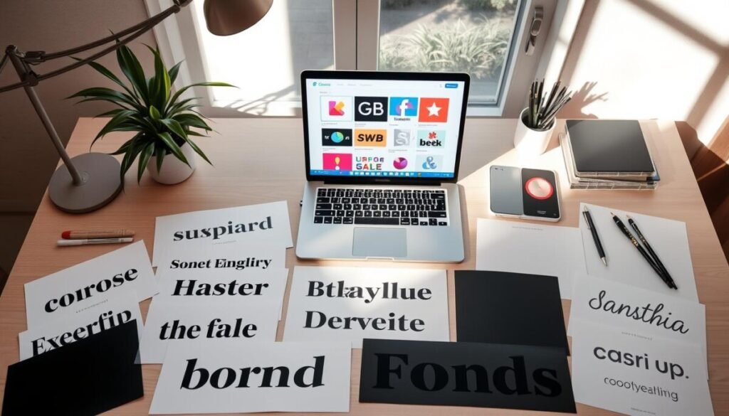 A modern workspace showcasing the concept of brand fonts, with an elegant flat lay design. In the foreground, display various typography samples on paper swatches, including serif, sans-serif, and script fonts, arranged artfully. In the middle, incorporate a stylish laptop open to a Canva interface, with vibrant colors and shapes from a brand kit visible on the screen. The background features a clean, minimalist desk with soft natural lighting streaming in from a window, casting gentle shadows. Include a few decorative elements like a potted plant and art supplies to enhance the creative atmosphere, creating a professional and inspiring mood for branding. The camera angle should be a slightly elevated overhead view to capture all elements harmoniously. A modern workspace showcasing the concept of brand fonts, with an elegant flat lay design. In the foreground, display various typography samples on paper swatches, including serif, sans-serif, and script fonts, arranged artfully. In the middle, incorporate a stylish laptop open to a Canva interface, with vibrant colors and shapes from a brand kit visible on the screen. The background features a clean, minimalist desk with soft natural lighting streaming in from a window, casting gentle shadows. Include a few decorative elements like a potted plant and art supplies to enhance the creative atmosphere, creating a professional and inspiring mood for branding. The camera angle should be a slightly elevated overhead view to capture all elements harmoniously.