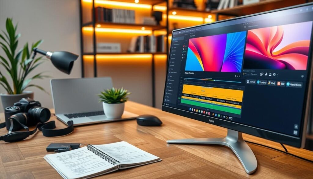 A modern workspace showcasing the export formats of video editing software. In the foreground, an open computer screen displays a vibrant video editing interface, with various export options visible, depicted as colorful icons for MP4, MOV, and other formats. To the left, a sleek laptop rests alongside neatly arranged tools such as a camera, SD cards, and headphones. The middle features a stylish desk with a potted plant and a notepad filled with technical notes. In the background, warm ambient lighting creates a cozy atmosphere, with shelves holding books on video editing and production. The scene captures a professional, creative vibe, emphasizing the importance of export quality and format flexibility in video editing workflows.