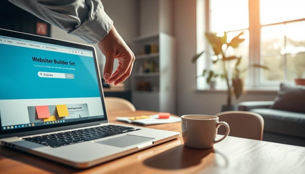 A modern workspace showcasing the process of publishing a one-page site. In the foreground, a sleek laptop open to a website builder interface, with a focus on a "Publish" button being clicked. A person's hand, clad in a smart casual shirt, hovers over the laptop. In the middle ground, a stylish desk with colorful post-it notes, a notepad with sketches, and a cup of coffee, conveying active planning. In the background, a large window with soft, diffused sunlight illuminating the room, creating a warm, inviting ambiance. The mood is energetic yet focused, reflecting the excitement of launching a new site. The angle is slightly elevated, capturing both the desk and the vibrant workspace atmosphere without any text or distractions. A modern workspace showcasing the process of publishing a one-page site. In the foreground, a sleek laptop open to a website builder interface, with a focus on a "Publish" button being clicked. A person's hand, clad in a smart casual shirt, hovers over the laptop. In the middle ground, a stylish desk with colorful post-it notes, a notepad with sketches, and a cup of coffee, conveying active planning. In the background, a large window with soft, diffused sunlight illuminating the room, creating a warm, inviting ambiance. The mood is energetic yet focused, reflecting the excitement of launching a new site. The angle is slightly elevated, capturing both the desk and the vibrant workspace atmosphere without any text or distractions.