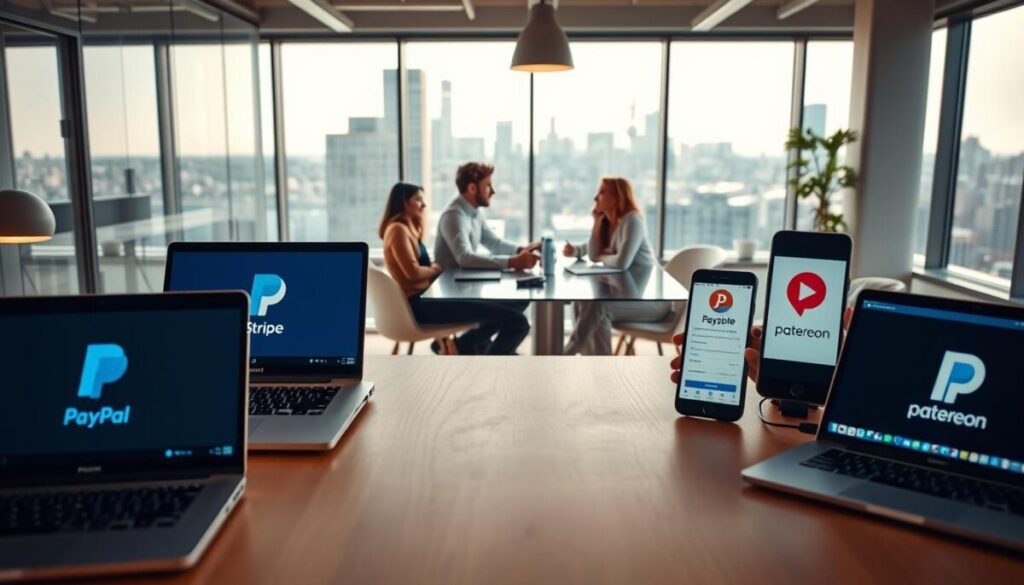 A modern workspace showcasing various external payment platforms for a digital community. In the foreground, sleek laptops and smartphones display recognizable payment app interfaces, including PayPal, Stripe, and Patreon, with their logos subtly visible. In the middle ground, a diverse group of professionals in business attire sits around a stylish conference table, engaging in discussion about monetization strategies. The background features large windows with a city skyline, casting warm natural light across the scene. The atmosphere feels collaborative and innovative, emphasizing the potential of digital transactions. The composition is captured with a wide-angle lens to provide depth, highlighting the interaction and technology in this modern environment.