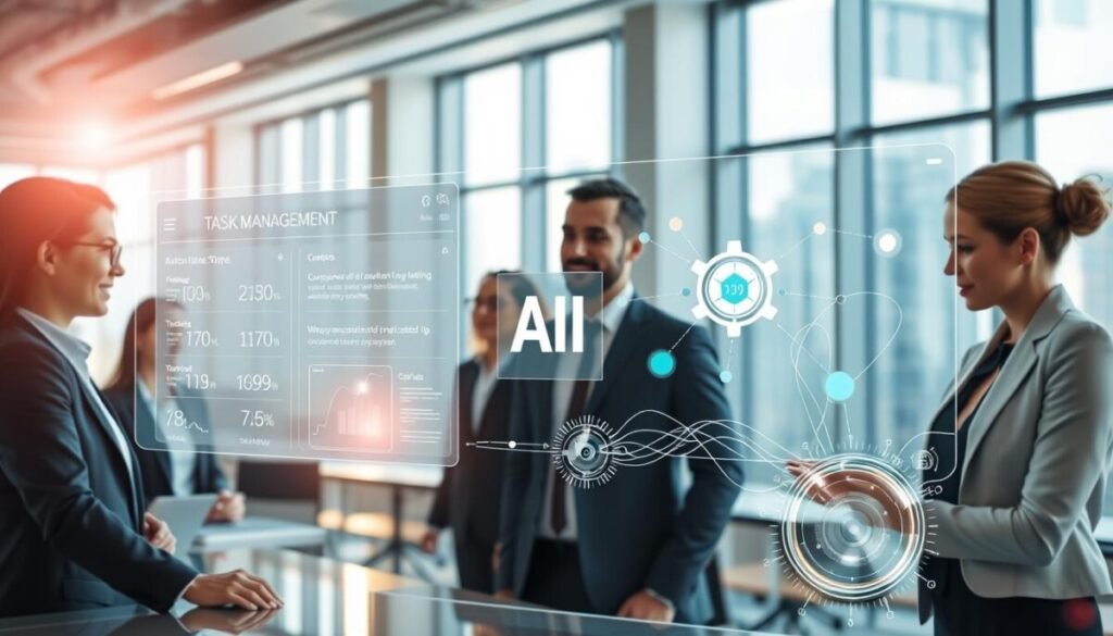 A modern workspace with a high-tech, futuristic feel, featuring a sleek digital dashboard displaying task management functionalities powered by artificial intelligence. In the foreground, a diverse group of professionals in business attire collaboratively interact with holographic interfaces that showcase automated task sorting and scheduling. The middle ground highlights innovative AI tools illustrated as glowing icons and intertwined data streams, symbolizing efficiency and organization. The background features a sophisticated office with floor-to-ceiling windows, allowing natural light to flood in, creating a bright and optimistic atmosphere. Soft lighting accentuates the high-tech elements while a subtle lens flare adds a dynamic touch, capturing the essence of AI capabilities in task management and automation. A modern workspace with a high-tech, futuristic feel, featuring a sleek digital dashboard displaying task management functionalities powered by artificial intelligence. In the foreground, a diverse group of professionals in business attire collaboratively interact with holographic interfaces that showcase automated task sorting and scheduling. The middle ground highlights innovative AI tools illustrated as glowing icons and intertwined data streams, symbolizing efficiency and organization. The background features a sophisticated office with floor-to-ceiling windows, allowing natural light to flood in, creating a bright and optimistic atmosphere. Soft lighting accentuates the high-tech elements while a subtle lens flare adds a dynamic touch, capturing the essence of AI capabilities in task management and automation.