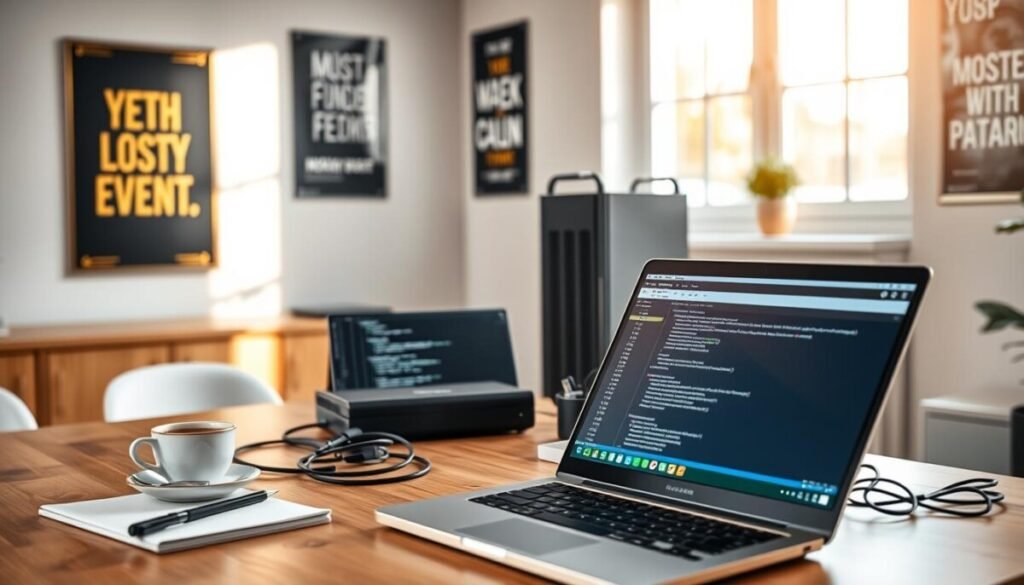 A neat, modern office workspace set up for a self-hosted environment. In the foreground, a sleek wooden desk with a high-quality laptop displaying code editor software, alongside a notepad and coffee cup. In the middle, a network router and a small server, with cables neatly organized, communicate a sense of technology and organization. The background features a large window with soft, natural light streaming in, illuminating the space. The walls are adorned with motivational tech posters. The overall atmosphere is calm and productive, evoking a sense of focus and professionalism. The image is captured with a shallow depth of field, emphasizing the desk area while gently blurring the background.