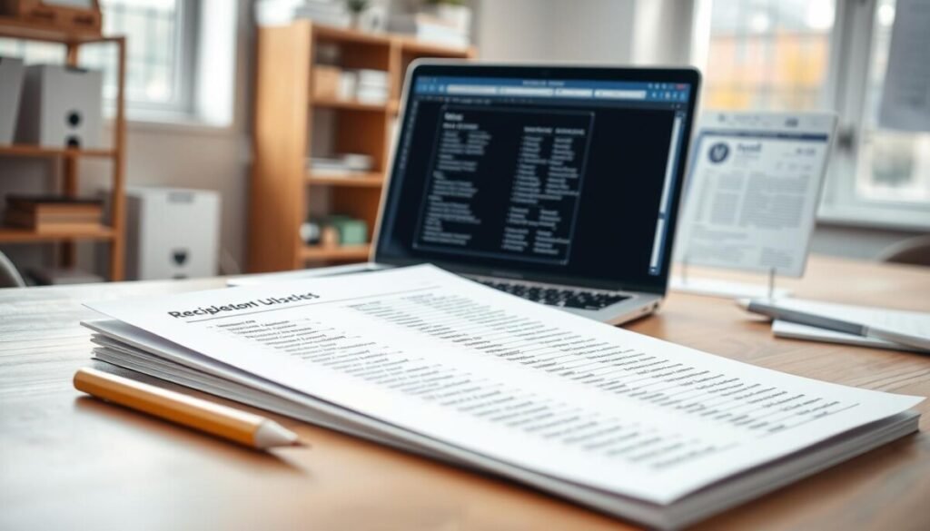 A neatly arranged recipient list displayed on a wooden desk in a well-lit office environment. The foreground features a close-up of a printed document showing columns of names, addresses, and email addresses, with a pencil neatly placed next to it. In the middle ground, a laptop temporarily rested open, showcasing a word processing application with a mail merge window, partially visible. The background includes soft-focus shelves lined with organized office supplies and a window streaming natural light, creating a warm, inviting atmosphere. The scene captures a sense of productivity and focus, ideal for illustrating the configuration of a main document and recipient list in a professional context. Soft, diffused lighting enhances clarity without harsh shadows, emphasizing the organized structure of the workspace. A neatly arranged recipient list displayed on a wooden desk in a well-lit office environment. The foreground features a close-up of a printed document showing columns of names, addresses, and email addresses, with a pencil neatly placed next to it. In the middle ground, a laptop temporarily rested open, showcasing a word processing application with a mail merge window, partially visible. The background includes soft-focus shelves lined with organized office supplies and a window streaming natural light, creating a warm, inviting atmosphere. The scene captures a sense of productivity and focus, ideal for illustrating the configuration of a main document and recipient list in a professional context. Soft, diffused lighting enhances clarity without harsh shadows, emphasizing the organized structure of the workspace.