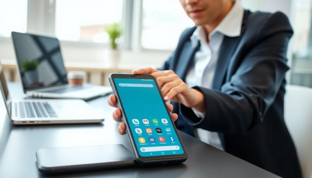 A person in professional business attire is focused on managing apps on a Google Pixel smartphone, sitting at a modern desk with a minimalistic design. The foreground showcases the smartphone’s vibrant screen displaying various app icons, highlighting the app management interface. In the middle, the person is using their fingers to swipe through the apps, with a thoughtful expression on their face. The background features a neatly organized workspace, including a laptop, a notepad, and a potted plant, blending into a soft, blurred office setting. The lighting is bright and natural, coming from a nearby window, creating a clear and inviting atmosphere. The overall mood conveys technology efficiency and productivity, emphasizing the task of managing apps and background processes effectively.