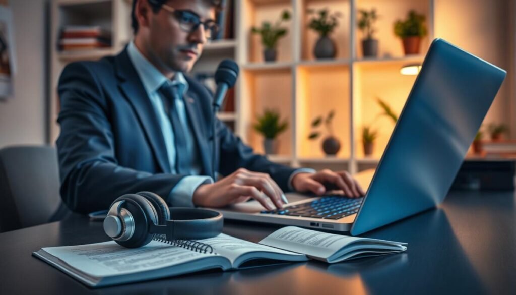 A person in professional business attire sits at a sleek, modern desk, engaging with a glowing laptop displaying visualizations of audio data streams. In the foreground, a pair of elegant headphones rests beside an open notebook filled with handwritten notes. The middle ground features a vibrant digital interface showcasing sound waves and waveform graphs, symbolizing the concept of audio overviews. Soft, ambient lighting highlights the scene, creating a focused and innovative atmosphere. The background includes a blurred bookshelf filled with research materials and plants, conveying a sense of productivity and intelligence. The angle is slightly elevated, giving a comprehensive view of the workspace while maintaining clarity on the key elements, emphasizing the integration of audio insights with advanced research capabilities. A person in professional business attire sits at a sleek, modern desk, engaging with a glowing laptop displaying visualizations of audio data streams. In the foreground, a pair of elegant headphones rests beside an open notebook filled with handwritten notes. The middle ground features a vibrant digital interface showcasing sound waves and waveform graphs, symbolizing the concept of audio overviews. Soft, ambient lighting highlights the scene, creating a focused and innovative atmosphere. The background includes a blurred bookshelf filled with research materials and plants, conveying a sense of productivity and intelligence. The angle is slightly elevated, giving a comprehensive view of the workspace while maintaining clarity on the key elements, emphasizing the integration of audio insights with advanced research capabilities.