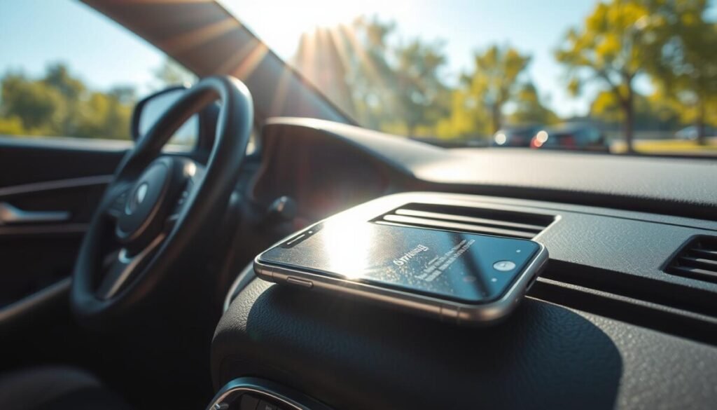 A phone resting on a car's dashboard under the intense afternoon sun, generating a shimmering heat haze. The foreground features a close-up of the phone, with its screen displaying a warning message about overheating, while the car's interior is elegantly styled in shades of black leather and silver. In the middle ground, the steering wheel is partially visible with sunlight reflecting off it. In the background, bright sunlight streams in through the car windows, casting soft shadows and highlighting the summer scenery outside—a blurred view of a parking lot lush with green trees under a clear blue sky. The mood is urgent yet calm, emphasizing the need for immediate action regarding the overheated phone. The lighting is bright but not harsh, capturing the heat of the moment without overwhelming the scene.