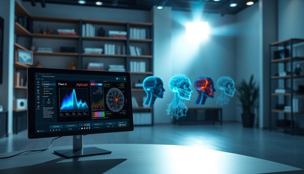 A polished, professional studio environment showcasing three different model variants of the Flux AI Image Generator. In the foreground, a sleek, modern computer screen displays the interface of the software, highlighting distinct features of each model variant. In the middle ground, three distinct visual representations of the AI models interact with colorful data visualizations, showcasing their unique capabilities. The background features soft-focused shelves of tech books and AI-related artifacts, emphasizing an innovative atmosphere. Bright, even lighting illuminates the scene, with a slight lens flare to create a dynamic and engaging mood. Capture the essence of advanced technology and sophistication, maintaining a clean and professional aesthetic without any text or branding.