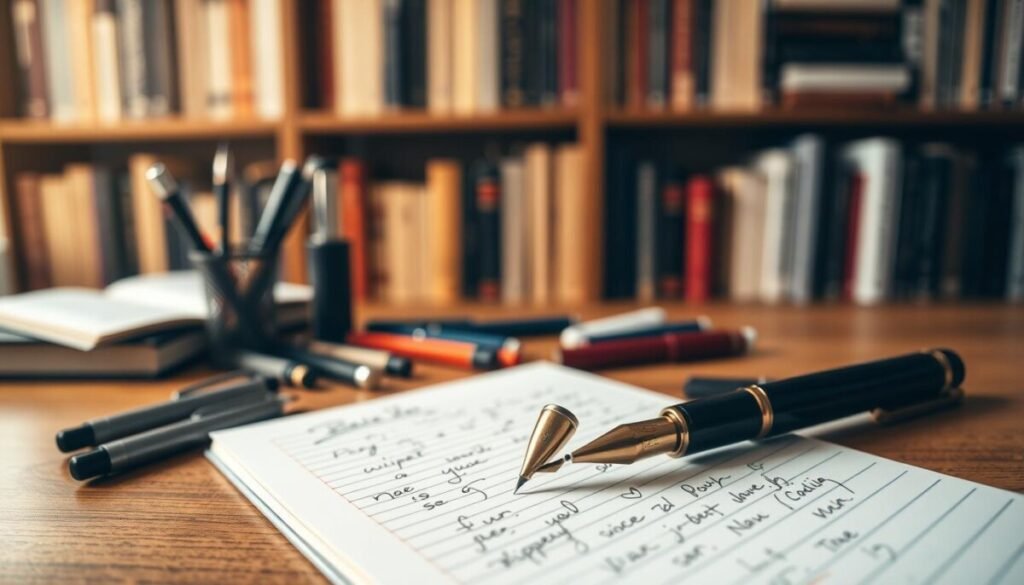 A polished wooden desk with various writing tools, such as pens, markers, and a mechanical pencil, artistically arranged to emphasize consistency in writing. In the background, blurred shelves filled with books and notebooks create a scholarly atmosphere. Soft, warm overhead lighting casts gentle shadows, enhancing the textures of the writing instruments. A close-up angle captures the details of a fountain pen poised over an open notebook, showcasing flowing cursive handwriting. The overall mood is professional and inspiring, evoking a sense of creativity and dedication to editing and written expression, perfect for an environment focused on writing excellence. A polished wooden desk with various writing tools, such as pens, markers, and a mechanical pencil, artistically arranged to emphasize consistency in writing. In the background, blurred shelves filled with books and notebooks create a scholarly atmosphere. Soft, warm overhead lighting casts gentle shadows, enhancing the textures of the writing instruments. A close-up angle captures the details of a fountain pen poised over an open notebook, showcasing flowing cursive handwriting. The overall mood is professional and inspiring, evoking a sense of creativity and dedication to editing and written expression, perfect for an environment focused on writing excellence.