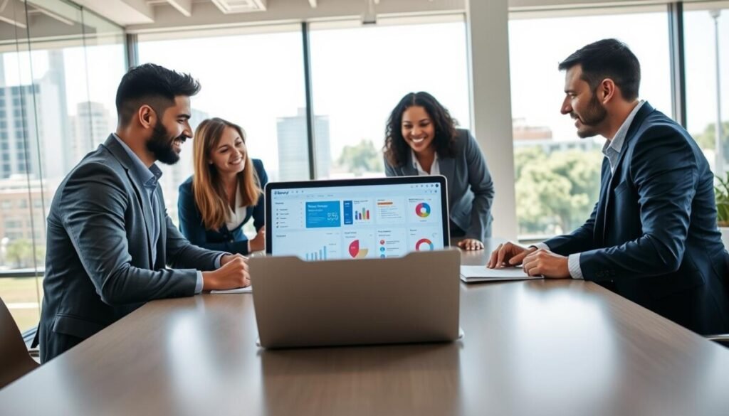 A professional business setting illustrating the concept of "Getting Started with Bluesky for Business Marketing." In the foreground, a diverse group of three individuals—two men and one woman—are engaged in a collaborative discussion around a large, modern conference table. They are dressed in professional business attire. The middle layer features a laptop open with the Bluesky interface displayed, along with marketing materials like graphs and flowcharts. In the background, a bright, airy office space with large windows showcasing city views and greenery outside. Bright, natural light floods the room, creating a positive and innovative atmosphere. The camera angle is slightly elevated, providing a comprehensive view of the team’s engagement and the workspace. The overall mood is dynamic and forward-thinking, emphasizing teamwork and new opportunities in digital marketing. A professional business setting illustrating the concept of "Getting Started with Bluesky for Business Marketing." In the foreground, a diverse group of three individuals—two men and one woman—are engaged in a collaborative discussion around a large, modern conference table. They are dressed in professional business attire. The middle layer features a laptop open with the Bluesky interface displayed, along with marketing materials like graphs and flowcharts. In the background, a bright, airy office space with large windows showcasing city views and greenery outside. Bright, natural light floods the room, creating a positive and innovative atmosphere. The camera angle is slightly elevated, providing a comprehensive view of the team’s engagement and the workspace. The overall mood is dynamic and forward-thinking, emphasizing teamwork and new opportunities in digital marketing.