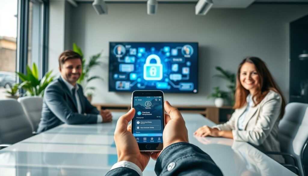 A professional business setting showcasing secure communication practices. In the foreground, a diverse group of business professionals—two men and two women—are engaged in a discussion around a sleek conference table, all dressed in smart business attire. One person is holding a smartphone displaying a secure messaging app interface, with visual elements indicating encryption. In the middle ground, a large digital screen shows a lock symbol and cybersecurity graphics, emphasizing the theme of security. The background features modern office decor, including plants and large windows allowing natural light to spill in, creating a welcoming atmosphere. The overall lighting is bright and professional, with a focus on clarity and trust. The composition is balanced, emphasizing collaboration and technological security in business communication. A professional business setting showcasing secure communication practices. In the foreground, a diverse group of business professionals—two men and two women—are engaged in a discussion around a sleek conference table, all dressed in smart business attire. One person is holding a smartphone displaying a secure messaging app interface, with visual elements indicating encryption. In the middle ground, a large digital screen shows a lock symbol and cybersecurity graphics, emphasizing the theme of security. The background features modern office decor, including plants and large windows allowing natural light to spill in, creating a welcoming atmosphere. The overall lighting is bright and professional, with a focus on clarity and trust. The composition is balanced, emphasizing collaboration and technological security in business communication.
