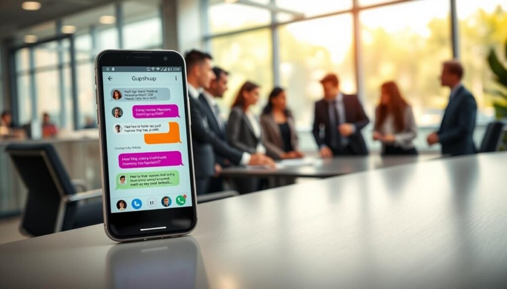 A professional business setting showcasing the concept of "Gupshup messaging." In the foreground, a modern smartphone displays the Gupshup messaging app interface with colorful chat bubbles filled with engaging messages. In the middle, a group of diverse business professionals, dressed in smart business attire, are gathered around a stylish conference table, actively discussing the app's features. The background features a bright, open office with large windows allowing natural light to pour in, reflecting a collaborative and innovative atmosphere. Use a shallow depth of field to focus on the foreground with slightly blurred backgrounds, enhancing the emphasis on the interactive nature of enterprise messaging. The overall mood is energetic and forward-thinking, capturing the essence of scalable messaging solutions for businesses.