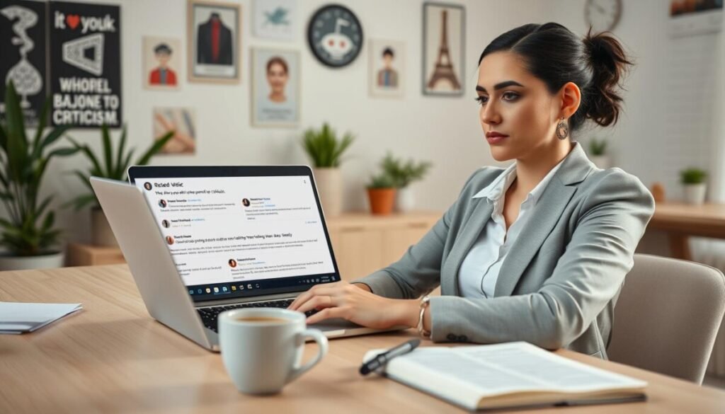 A professional businesswoman sitting at a desk, thoughtfully reviewing feedback on her laptop screen. She appears calm and composed, with a slight frown indicating concentration. In the foreground, a cup of coffee and a notepad filled with notes on how to respond to criticism. In the middle, her laptop displays various Reddit threads with mixed comments, both positive and negative. The background features a well-organized home office with motivational posters and plants. Soft, natural lighting filters in through a window, creating a warm and inviting atmosphere. The scene evokes a sense of professionalism and introspection, emphasizing the importance of handling feedback gracefully.