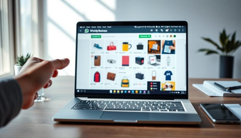 A professional, modern workspace featuring a sleek laptop opened to a vibrant product catalog interface on WhatsApp Business. In the foreground, a hand reaches out towards the screen, symbolizing engagement and interaction. The middle layer showcases a background of neatly organized products displayed on the screen, each item featuring vivid colors and clear images. Soft, natural light streams in from the left, casting gentle shadows and creating a warm, inviting atmosphere. The background is subtly blurred to accentuate the focus on the laptop screen, with a clean desk layout adorned with business tools like a notebook and a smartphone. The overall mood is productive and inspiring, ideal for conveying effective strategies for driving traffic to an online catalog. A professional, modern workspace featuring a sleek laptop opened to a vibrant product catalog interface on WhatsApp Business. In the foreground, a hand reaches out towards the screen, symbolizing engagement and interaction. The middle layer showcases a background of neatly organized products displayed on the screen, each item featuring vivid colors and clear images. Soft, natural light streams in from the left, casting gentle shadows and creating a warm, inviting atmosphere. The background is subtly blurred to accentuate the focus on the laptop screen, with a clean desk layout adorned with business tools like a notebook and a smartphone. The overall mood is productive and inspiring, ideal for conveying effective strategies for driving traffic to an online catalog.