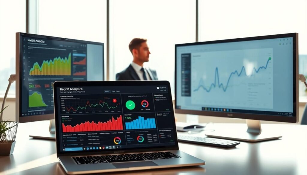 A professional, modern workspace featuring advanced Reddit analytics tools displayed on multiple computer screens. In the foreground, a sleek laptop showcases interactive graphs and data visualizations related to Reddit engagement metrics, with bright colors highlighting key trends. In the middle ground, a smartly dressed marketing professional analyzes the data, wearing business attire, with a focused expression. Behind them, a large window reveals a city skyline bathed in natural daylight, contributing to a bright and productive atmosphere. The overall composition should utilize a soft, contrasting light from the screens, emphasizing the data's vibrancy while maintaining a clean aesthetic. Aim for a clear, informative, and engaging mood that embodies the intersection of analytics and marketing strategy. A professional, modern workspace featuring advanced Reddit analytics tools displayed on multiple computer screens. In the foreground, a sleek laptop showcases interactive graphs and data visualizations related to Reddit engagement metrics, with bright colors highlighting key trends. In the middle ground, a smartly dressed marketing professional analyzes the data, wearing business attire, with a focused expression. Behind them, a large window reveals a city skyline bathed in natural daylight, contributing to a bright and productive atmosphere. The overall composition should utilize a soft, contrasting light from the screens, emphasizing the data's vibrancy while maintaining a clean aesthetic. Aim for a clear, informative, and engaging mood that embodies the intersection of analytics and marketing strategy.