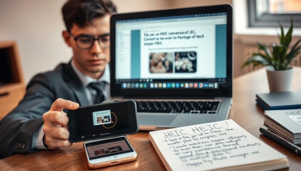 A professional office desk scene featuring a focused individual in business attire troubleshooting HEIC file conversion on their laptop. In the foreground, the laptop screen displays various error messages related to HEIC files, with a side-by-side comparison of a HEIC and a JPG image. The middle ground includes a smartphone with a photo app open, showcasing an HEIC file, and a notepad with handwritten notes and troubleshooting tips. The background is softly blurred to suggest an office environment, with warm, natural lighting coming from a nearby window, creating a calm and productive atmosphere. Capture the determination and problem-solving spirit in the person's expression as they navigate the challenge of file conversion. A professional office desk scene featuring a focused individual in business attire troubleshooting HEIC file conversion on their laptop. In the foreground, the laptop screen displays various error messages related to HEIC files, with a side-by-side comparison of a HEIC and a JPG image. The middle ground includes a smartphone with a photo app open, showcasing an HEIC file, and a notepad with handwritten notes and troubleshooting tips. The background is softly blurred to suggest an office environment, with warm, natural lighting coming from a nearby window, creating a calm and productive atmosphere. Capture the determination and problem-solving spirit in the person's expression as they navigate the challenge of file conversion.