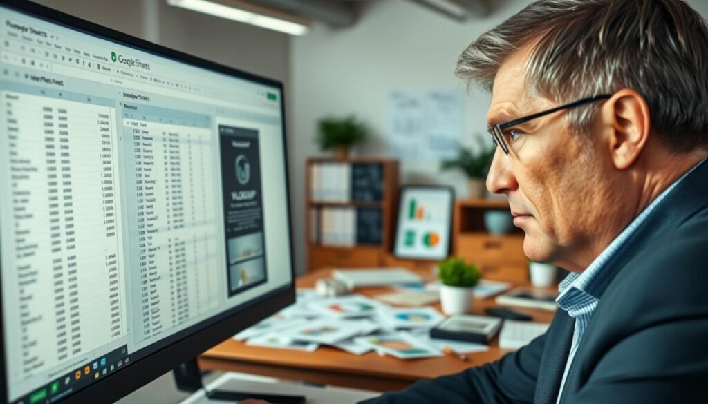 A professional office environment featuring a close-up view of a computer screen displaying a Google Sheets interface, specifically highlighting the VLOOKUP function. In the foreground, a focused individual, a middle-aged business professional in smart casual attire, is intently analyzing the data on the screen, with a furrowed brow indicating concentration. The middle layer should depict various spreadsheets and colorful charts scattered around, showcasing the complexity of data analysis. In the background, soft office lighting creates a warm, inviting atmosphere, with wooden furniture and plant decor. Capture the essence of problem-solving, with a hint of frustration yet determination on the professional's face, emphasizing the troubleshooting aspect of VLOOKUP errors. A professional office environment featuring a close-up view of a computer screen displaying a Google Sheets interface, specifically highlighting the VLOOKUP function. In the foreground, a focused individual, a middle-aged business professional in smart casual attire, is intently analyzing the data on the screen, with a furrowed brow indicating concentration. The middle layer should depict various spreadsheets and colorful charts scattered around, showcasing the complexity of data analysis. In the background, soft office lighting creates a warm, inviting atmosphere, with wooden furniture and plant decor. Capture the essence of problem-solving, with a hint of frustration yet determination on the professional's face, emphasizing the troubleshooting aspect of VLOOKUP errors.
