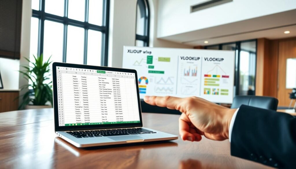 A professional office environment featuring an elegant wooden desk, with an open laptop displaying Excel spreadsheets side by side, one highlighting an XLOOKUP formula and the other a VLOOKUP formula. In the foreground, a hand (in a business suit) is pointing at the laptop screen, illustrating the syntax differences. The middle section includes a large modern whiteboard with colorful graphs and flowcharts comparing the two functions. The background shows a softly lit office with large windows allowing natural light to stream in, creating a warm and inviting atmosphere. The scene is crisp with a focus on clear details, conveying a sense of collaboration and professional learning. A professional office environment featuring an elegant wooden desk, with an open laptop displaying Excel spreadsheets side by side, one highlighting an XLOOKUP formula and the other a VLOOKUP formula. In the foreground, a hand (in a business suit) is pointing at the laptop screen, illustrating the syntax differences. The middle section includes a large modern whiteboard with colorful graphs and flowcharts comparing the two functions. The background shows a softly lit office with large windows allowing natural light to stream in, creating a warm and inviting atmosphere. The scene is crisp with a focus on clear details, conveying a sense of collaboration and professional learning.