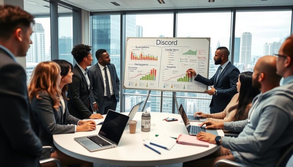 A professional office environment, showcasing a diverse group of individuals in business attire engaging in a brainstorming session about Discord monetization strategies. In the foreground, a whiteboard filled with colorful charts and financial projections, highlighting revenue streams like subscription models and merchandise sales. The middle ground features a round table with laptops, notebooks, and visuals depicting growth and community engagement. In the background, large windows with a cityscape view, allowing natural light to flood the room, creating an inspirational atmosphere. The mood is collaborative and optimistic, emphasizing innovation and strategic planning. Capture this scene from a slightly elevated angle, focusing on the action and interaction among the participants.