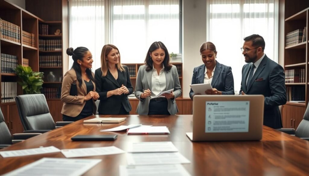 A professional office setting showcasing a group of diverse individuals engaged in a discussion about legal preservation orders. In the foreground, a large wooden conference table is scattered with legal documents and a laptop open to a data protection screen. The middle ground features three professionals, two women and one man, dressed in smart business attire, animatedly exchanging ideas. Background elements include shelves filled with legal books and a large window letting in soft, natural light, creating a serious yet collaborative atmosphere. A lens with a slight depth of field captures the expressions of the individuals, highlighting both focus and concern, while maintaining a clean and organized environment. The overall mood should convey professionalism and an emphasis on the importance of legal compliance. A professional office setting showcasing a group of diverse individuals engaged in a discussion about legal preservation orders. In the foreground, a large wooden conference table is scattered with legal documents and a laptop open to a data protection screen. The middle ground features three professionals, two women and one man, dressed in smart business attire, animatedly exchanging ideas. Background elements include shelves filled with legal books and a large window letting in soft, natural light, creating a serious yet collaborative atmosphere. A lens with a slight depth of field captures the expressions of the individuals, highlighting both focus and concern, while maintaining a clean and organized environment. The overall mood should convey professionalism and an emphasis on the importance of legal compliance.