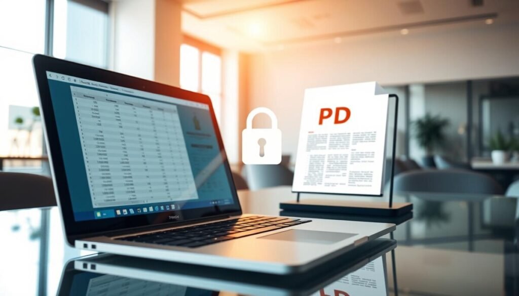 A professional office setting showcasing a secure digital environment for file conversion. In the foreground, a sleek laptop with a spreadsheet open in Excel and a PDF document displayed beside it on a glass desk. Reflective surfaces provide a sense of depth. In the middle ground, a locking mechanism symbol, such as a padlock, is subtly integrated into the scene, suggesting enhanced data security. The background features soft-focus elements like a modern office with neutral-toned walls and a window letting in natural light, creating a bright and welcoming atmosphere. Warm lighting highlights the objects, conveying a sense of professionalism and trustworthiness. The overall mood is focused and secure, emphasizing the importance of ensuring data security during file conversions. A professional office setting showcasing a secure digital environment for file conversion. In the foreground, a sleek laptop with a spreadsheet open in Excel and a PDF document displayed beside it on a glass desk. Reflective surfaces provide a sense of depth. In the middle ground, a locking mechanism symbol, such as a padlock, is subtly integrated into the scene, suggesting enhanced data security. The background features soft-focus elements like a modern office with neutral-toned walls and a window letting in natural light, creating a bright and welcoming atmosphere. Warm lighting highlights the objects, conveying a sense of professionalism and trustworthiness. The overall mood is focused and secure, emphasizing the importance of ensuring data security during file conversions.