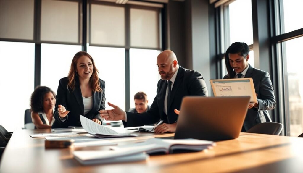 A professional office setting with a diverse group of individuals collaborating around a large conference table. In the foreground, a woman in business attire is passionately presenting a case for review removal with documents spread out before her. The middle ground features a man taking notes, nodding in agreement, and another person examining a laptop displaying analytics on customer reviews. In the background, a large window allows natural light to flood the room, creating an atmosphere of clarity and determination. Soft shadows enhance the serious tone, while the overall warm lighting suggests a constructive dialogue. The angle captures the interaction, focusing on the team’s engaged expressions, emphasizing teamwork and professionalism in tackling the challenge of fake reviews.