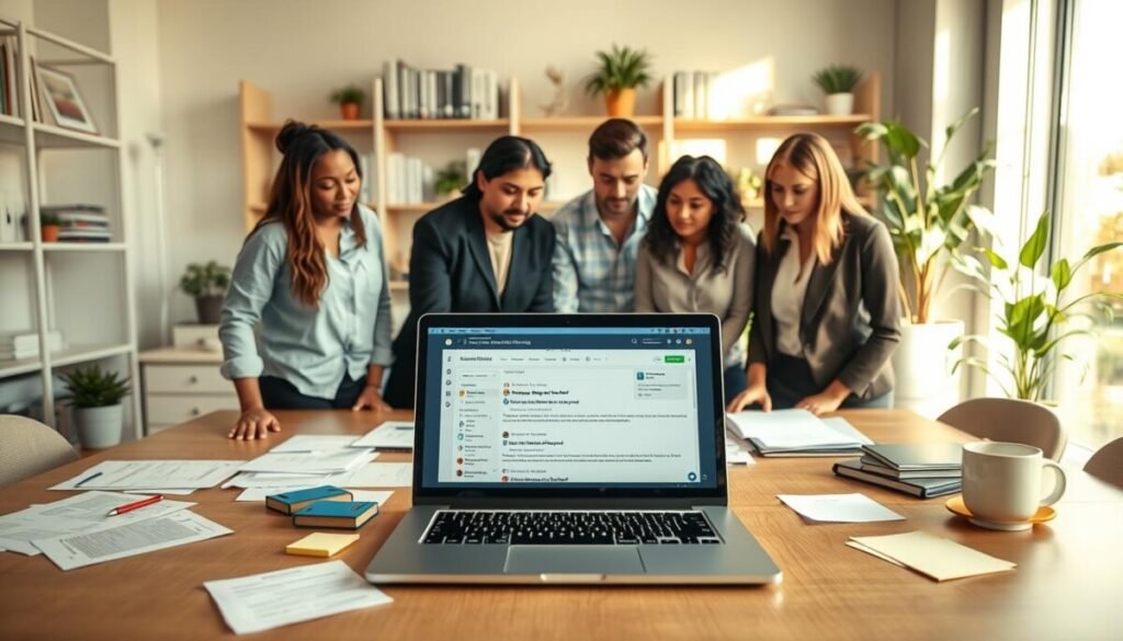 A professional office setting with a neatly organized desk featuring a laptop displaying a troubleshooting interface for threads drafts. In the foreground, a diverse group of three colleagues in business casual attire gather around the laptop, focused and engaged in discussion. The middle ground includes scattered paperwork, sticky notes, and a coffee mug, emphasizing a busy, problem-solving atmosphere. The background shows soft-lit shelves filled with books and plants, enhancing a calm yet determined ambiance. Natural light spills in through a nearby window, creating warm, inviting reflections on the desk. The overall mood is collaborative and constructive, capturing the essence of teamwork during troubleshooting. The image is framed from an eye-level angle, ensuring clarity and engagement with the scene. A professional office setting with a neatly organized desk featuring a laptop displaying a troubleshooting interface for threads drafts. In the foreground, a diverse group of three colleagues in business casual attire gather around the laptop, focused and engaged in discussion. The middle ground includes scattered paperwork, sticky notes, and a coffee mug, emphasizing a busy, problem-solving atmosphere. The background shows soft-lit shelves filled with books and plants, enhancing a calm yet determined ambiance. Natural light spills in through a nearby window, creating warm, inviting reflections on the desk. The overall mood is collaborative and constructive, capturing the essence of teamwork during troubleshooting. The image is framed from an eye-level angle, ensuring clarity and engagement with the scene.
