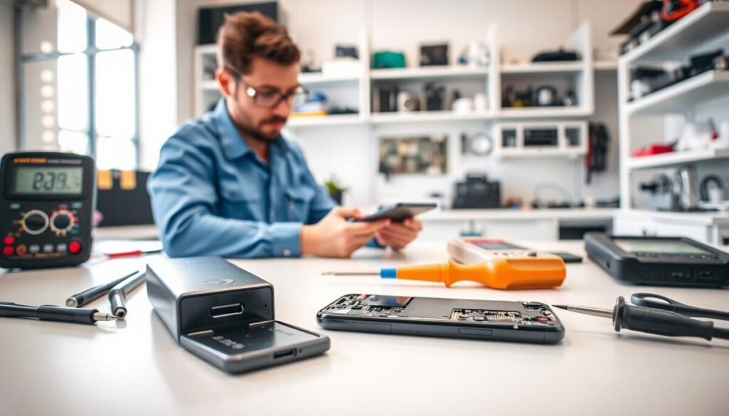 A professional repair service device laid out on a clean, bright workbench in a modern repair shop. In the foreground, an open smartphone, showcasing the charging port, lies next to a set of precision screwdrivers and tools. A multimeter is positioned to the side, its digital display illuminated, indicating testing for issues. In the middle ground, a technician in a blue shirt and safety glasses, carefully examines the smartphone's interior with a magnifying glass, focused and meticulous. The background features neatly organized shelves filled with various electronic components and tools, bathed in soft, natural lighting from a nearby window. The atmosphere conveys a sense of efficiency, professionalism, and expertise, suggesting a reliable environment for electronic repairs. A professional repair service device laid out on a clean, bright workbench in a modern repair shop. In the foreground, an open smartphone, showcasing the charging port, lies next to a set of precision screwdrivers and tools. A multimeter is positioned to the side, its digital display illuminated, indicating testing for issues. In the middle ground, a technician in a blue shirt and safety glasses, carefully examines the smartphone's interior with a magnifying glass, focused and meticulous. The background features neatly organized shelves filled with various electronic components and tools, bathed in soft, natural lighting from a nearby window. The atmosphere conveys a sense of efficiency, professionalism, and expertise, suggesting a reliable environment for electronic repairs.