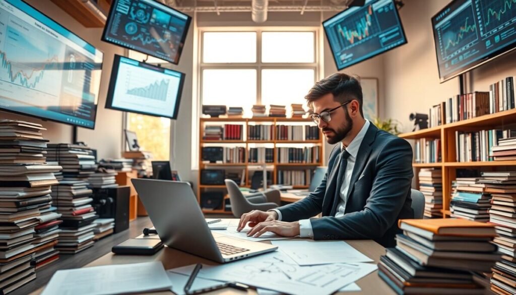 A professional researcher in a modern office setting, surrounded by stacks of books, digital devices, and large screens displaying complex data visualizations. In the foreground, a focused individual in a smart business suit is analyzing data on a laptop, with notes and diagrams scattered across the desk. The middle ground features shelves lined with scholarly journals and technology gadgets, emphasizing a high-tech research environment. In the background, a large window lets in natural light, illuminating the workspace and creating a warm, inspiring atmosphere. The angle captures a slight bird's eye view to encompass the entire scene, enhancing the feeling of deep concentration and professionalism in research capabilities.