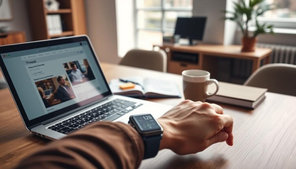A professional setting featuring a sleek laptop on a minimalist wooden desk, displaying a scheduling interface for Threads posts. In the foreground, a close-up of a hand, wearing a smart watch, is poised over the keyboard, symbolizing active engagement. The middle ground includes a modern, stylish planner, open with colorful sticky notes marked "Post Ideas" and a cup of coffee to evoke a productive environment. The background softly fades to a subtle blur of a well-organized office space with soft natural light filtering through a large window, casting gentle shadows. The mood is focused and inspiring, reflecting the efficient and strategic planning required for social media scheduling. A professional setting featuring a sleek laptop on a minimalist wooden desk, displaying a scheduling interface for Threads posts. In the foreground, a close-up of a hand, wearing a smart watch, is poised over the keyboard, symbolizing active engagement. The middle ground includes a modern, stylish planner, open with colorful sticky notes marked "Post Ideas" and a cup of coffee to evoke a productive environment. The background softly fades to a subtle blur of a well-organized office space with soft natural light filtering through a large window, casting gentle shadows. The mood is focused and inspiring, reflecting the efficient and strategic planning required for social media scheduling.