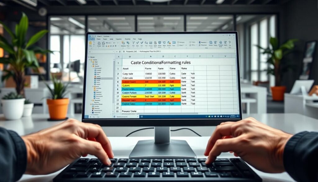 A professional setting showcasing a computer screen displaying Excel's interface, focusing on the conditional formatting rules. In the foreground, a pair of hands, dressed in business attire, are actively typing on a keyboard, demonstrating engagement with the software. The middle shows a detailed Excel window, with vibrant custom color rules highlighted in a table, accompanied by dropdown menus indicating a creation process. In the background, a well-lit office space reflects a modern workspace, with potted plants, a large window letting in natural light, and soft focused office items. The mood is productive and inspiring, evoking the creativity associated with crafting personalized Excel functionalities. A professional setting showcasing a computer screen displaying Excel's interface, focusing on the conditional formatting rules. In the foreground, a pair of hands, dressed in business attire, are actively typing on a keyboard, demonstrating engagement with the software. The middle shows a detailed Excel window, with vibrant custom color rules highlighted in a table, accompanied by dropdown menus indicating a creation process. In the background, a well-lit office space reflects a modern workspace, with potted plants, a large window letting in natural light, and soft focused office items. The mood is productive and inspiring, evoking the creativity associated with crafting personalized Excel functionalities.
