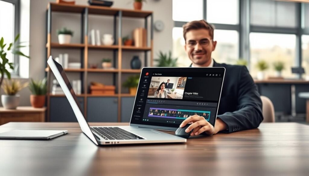 A professional setting showcasing a desk with a modern laptop opened to a YouTube video editing interface. In the foreground, a confident person in smart casual business attire is intently working, utilizing a mouse to edit video chapters. The middle view features the laptop screen displaying timestamp markers highlighted in bright colors, indicating chapter segments. The background incorporates soft-focus elements of a stylish office with a bookshelf filled with video production resources, plants, and a window allowing natural light to pour in, creating a warm, inviting atmosphere. The lighting is bright yet soft, emphasizing the subject's concentration and the task at hand, while the angle captures both the screen and the individual engaged in the process. A professional setting showcasing a desk with a modern laptop opened to a YouTube video editing interface. In the foreground, a confident person in smart casual business attire is intently working, utilizing a mouse to edit video chapters. The middle view features the laptop screen displaying timestamp markers highlighted in bright colors, indicating chapter segments. The background incorporates soft-focus elements of a stylish office with a bookshelf filled with video production resources, plants, and a window allowing natural light to pour in, creating a warm, inviting atmosphere. The lighting is bright yet soft, emphasizing the subject's concentration and the task at hand, while the angle captures both the screen and the individual engaged in the process.
