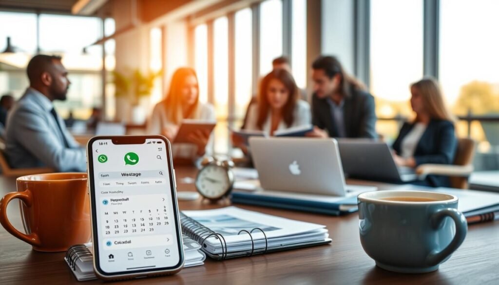 A professional setting showcasing best practices for effective message timing in digital communication. In the foreground, a smartphone displaying the WhatsApp application with an open schedule feature, surrounded by a planner, clock, and coffee cup for a cozy work atmosphere. In the middle ground, a diverse group of individuals in business attire engaged in a discussion, analyzing data on a tablet and a laptop, emphasizing teamwork and collaboration. The background features a modern office space with large windows letting in warm, natural light, creating an inviting environment. The overall mood is focused and productive, reflecting the importance of timing in communication, with a clean, organized aesthetic that enhances the message. A professional setting showcasing best practices for effective message timing in digital communication. In the foreground, a smartphone displaying the WhatsApp application with an open schedule feature, surrounded by a planner, clock, and coffee cup for a cozy work atmosphere. In the middle ground, a diverse group of individuals in business attire engaged in a discussion, analyzing data on a tablet and a laptop, emphasizing teamwork and collaboration. The background features a modern office space with large windows letting in warm, natural light, creating an inviting environment. The overall mood is focused and productive, reflecting the importance of timing in communication, with a clean, organized aesthetic that enhances the message.