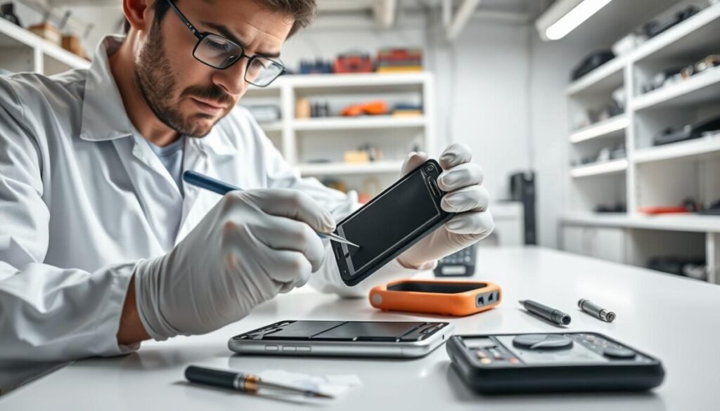 A professional technician wearing a white lab coat and safety gloves carefully removes a swollen smartphone battery in a well-lit workstation. The foreground features the technician’s focused expression as they use specialized tools, such as a plastic spudger and tweezers, to handle the battery with precision. In the middle ground, a disassembled smartphone is placed on a clean work surface, surrounded by additional tools, like a multimeter and suction cups, emphasizing a professional repair setup. The background shows a bright and organized technical workshop filled with shelves of electronic equipment, creating a mood of expertise and safety. Soft, diffused lighting highlights the technician's meticulous work while casting gentle shadows, conveying a sense of diligence and care in battery removal and repair procedures. A professional technician wearing a white lab coat and safety gloves carefully removes a swollen smartphone battery in a well-lit workstation. The foreground features the technician’s focused expression as they use specialized tools, such as a plastic spudger and tweezers, to handle the battery with precision. In the middle ground, a disassembled smartphone is placed on a clean work surface, surrounded by additional tools, like a multimeter and suction cups, emphasizing a professional repair setup. The background shows a bright and organized technical workshop filled with shelves of electronic equipment, creating a mood of expertise and safety. Soft, diffused lighting highlights the technician's meticulous work while casting gentle shadows, conveying a sense of diligence and care in battery removal and repair procedures.
