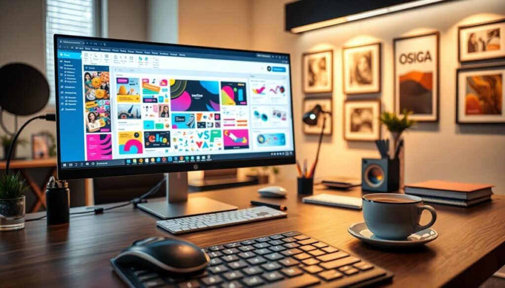 A professional workspace featuring a beautifully arranged digital design setup, with a large computer screen displaying a vibrant and detailed Canva master template for bulk creation. In the foreground, a close-up of the computer mouse and keyboard, showcasing a dynamic interface filled with colorful design elements. The middle ground includes a well-organized desk with stationery, a notepad, and a cup of coffee, emphasizing creativity and productivity. The background displays an inspiring wall with framed design prints and soft ambient lighting, creating a warm, inviting atmosphere. The overall mood reflects focus and inspiration, capturing the excitement of creating multiple designs at once in a sleek, modern environment. A professional workspace featuring a beautifully arranged digital design setup, with a large computer screen displaying a vibrant and detailed Canva master template for bulk creation. In the foreground, a close-up of the computer mouse and keyboard, showcasing a dynamic interface filled with colorful design elements. The middle ground includes a well-organized desk with stationery, a notepad, and a cup of coffee, emphasizing creativity and productivity. The background displays an inspiring wall with framed design prints and soft ambient lighting, creating a warm, inviting atmosphere. The overall mood reflects focus and inspiration, capturing the excitement of creating multiple designs at once in a sleek, modern environment.