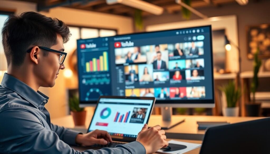 A professional workspace featuring a large computer screen displaying a YouTube end screen interface. In the foreground, a confident young professional in smart casual attire, analyzing data on a laptop, is surrounded by colorful charts and graphs that represent video performance metrics. The middle ground highlights the computer screen with a vibrant YouTube end screen layout showcasing video thumbnails, enticing viewers to subscribe and watch more. The background is softly blurred, depicting a stylish office with warm lighting, including potted plants and modern decor. The atmosphere is focused and productive, evoking a sense of strategic analysis and forward-thinking creativity. Use a mid-range lens to give a balanced perspective that highlights the workspace's professionalism.