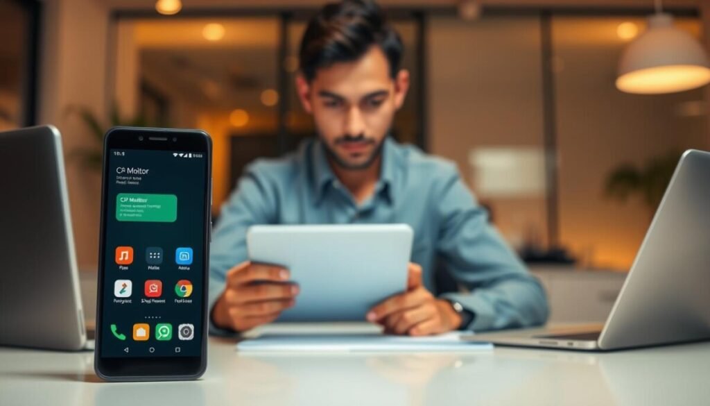 A professional workspace featuring a modern smartphone displaying various app icons with indicators of background activity management. In the foreground, show a sleek Xiaomi phone with a vibrant display showcasing an app monitor interface, highlighting CPU usage and background processes. In the middle, a focused adult in professional casual attire is analyzing the device, with a look of concentration, seated at a clean desk with minimalistic design. The background features a softly blurred office setting with warm, ambient lighting, conveying a sense of calm and focus. Use a shallow depth of field to emphasize the phone and the person, creating an engaging and informative atmosphere.