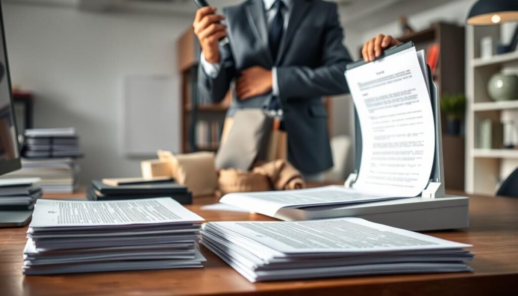 A professional workspace focused on document preparation for OCR scanning, featuring a neatly organized desk. In the foreground, a close-up view of a stack of neatly arranged papers and documents with clear text. A high-resolution scanner stands ready for use, with its lid open, and a few completed scans displayed on the side. In the middle ground, a person dressed in business casual attire, adjusting lighting to minimize glare on the documents, showcasing proper lighting techniques. The background reveals a softly lit office with shelves filled with books and stationery, enhancing a focused atmosphere. The overall mood is calm and methodical, emphasizing precision in document preparation, with natural light streaming through a nearby window.