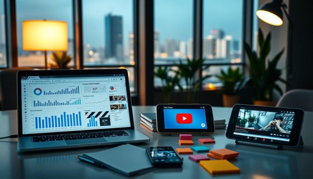 A professional workspace illuminated by soft, diffused lighting creates a focused atmosphere for video optimization and SEO features. In the foreground, a sleek laptop displays analytics charts and keyword research tools, while a digital tablet shows thumbnails and video titles pertinent to YouTube. The middle ground features a well-organized desk with notepads, color-coded sticky notes, and a smartphone with a video editing app open, reflecting productivity. The background includes a large window with cityscape views and indoor plants for a touch of calm. The overall mood is one of motivation and efficiency, designed to inspire creativity in digital marketing and video content enhancement. The scene embodies modern technology and a strategic approach to growing a YouTube channel, suitable for a professional audience.