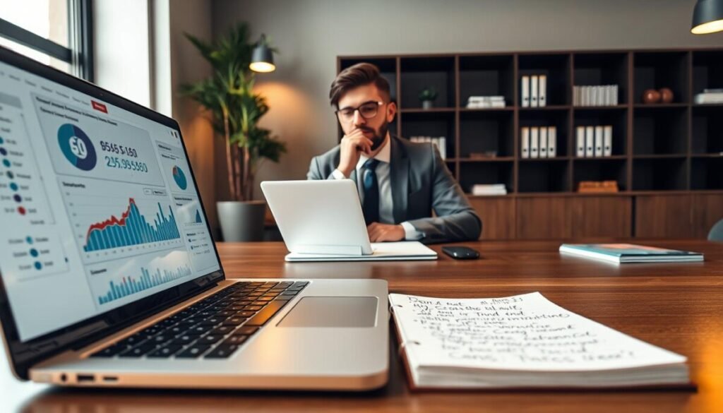 A professional workspace illustrating the setup of a merchant account. In the foreground, a laptop displays a payment processing dashboard, with graphs and statistics on the screen. Beside the laptop, a notepad with handwritten notes about account requirements lies open. In the middle, a business professional in a smart-casual outfit sits at a sleek wooden desk, thoughtfully studying the setup process. The background features a well-organized office with a potted plant and shelves filled with business books, lit by soft, warm lighting that creates an inviting atmosphere. The angle is slightly above eye level, capturing the thoughtful engagement of the subject while emphasizing the workspace's professionalism. The overall mood is focused and productive. A professional workspace illustrating the setup of a merchant account. In the foreground, a laptop displays a payment processing dashboard, with graphs and statistics on the screen. Beside the laptop, a notepad with handwritten notes about account requirements lies open. In the middle, a business professional in a smart-casual outfit sits at a sleek wooden desk, thoughtfully studying the setup process. The background features a well-organized office with a potted plant and shelves filled with business books, lit by soft, warm lighting that creates an inviting atmosphere. The angle is slightly above eye level, capturing the thoughtful engagement of the subject while emphasizing the workspace's professionalism. The overall mood is focused and productive.