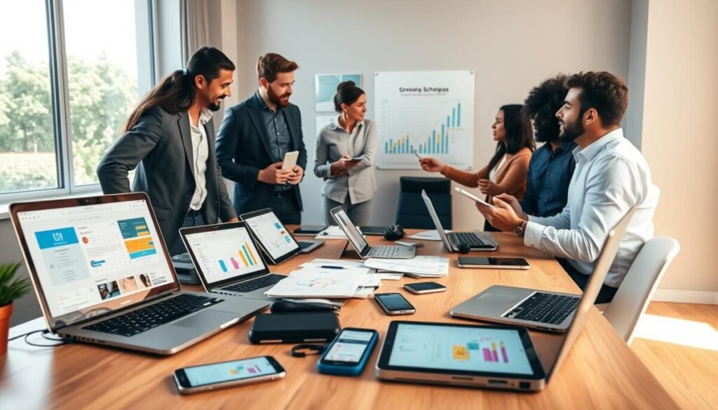 A professional workspace scene featuring a diverse group of creators analyzing their scheduling strategies for social media growth. In the foreground, a sleek wooden desk is cluttered with digital devices—laptops, tablets, and smartphones displaying colorful scheduling tools. The middle ground showcases the creators, dressed in smart casual attire, engaged in a lively discussion, with charts and graphs in view that illustrate various growth strategies. The background features a large window allowing natural light to illuminate the scene, enhancing a warm and inspirational atmosphere. Soft, diffused lighting casts gentle shadows, emphasizing a collaborative and focused environment. The angle is slightly tilted from above, capturing the energetic interactions among the team. A professional workspace scene featuring a diverse group of creators analyzing their scheduling strategies for social media growth. In the foreground, a sleek wooden desk is cluttered with digital devices—laptops, tablets, and smartphones displaying colorful scheduling tools. The middle ground showcases the creators, dressed in smart casual attire, engaged in a lively discussion, with charts and graphs in view that illustrate various growth strategies. The background features a large window allowing natural light to illuminate the scene, enhancing a warm and inspirational atmosphere. Soft, diffused lighting casts gentle shadows, emphasizing a collaborative and focused environment. The angle is slightly tilted from above, capturing the energetic interactions among the team.