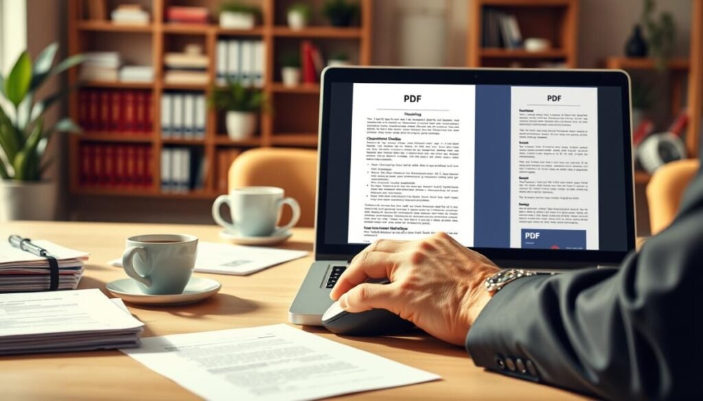 A professional workspace scene featuring a laptop open to a PDF document on the screen, showcasing vibrant visuals and clear text. In the foreground, a pair of hands, dressed in smart business attire, are using a mouse to navigate the document, emphasizing meticulous attention to detail. The middle ground includes neatly stacked documents and a cup of coffee, creating a productive atmosphere. In the background, a soft-focus view of a well-organized office space with shelves of books and plants enhances the calm, focused mood. The lighting is warm and inviting, simulating natural daylight, which casts gentle shadows and highlights the document's clarity and quality. The overall impression conveys a sense of professionalism and the importance of maintaining document integrity.